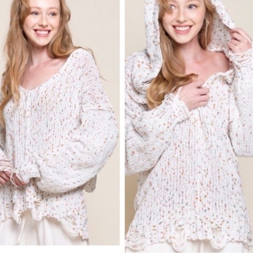 POL Speckles Oversized Distressed Knit V-Neck Hoodie Confetti Medium Multi-color